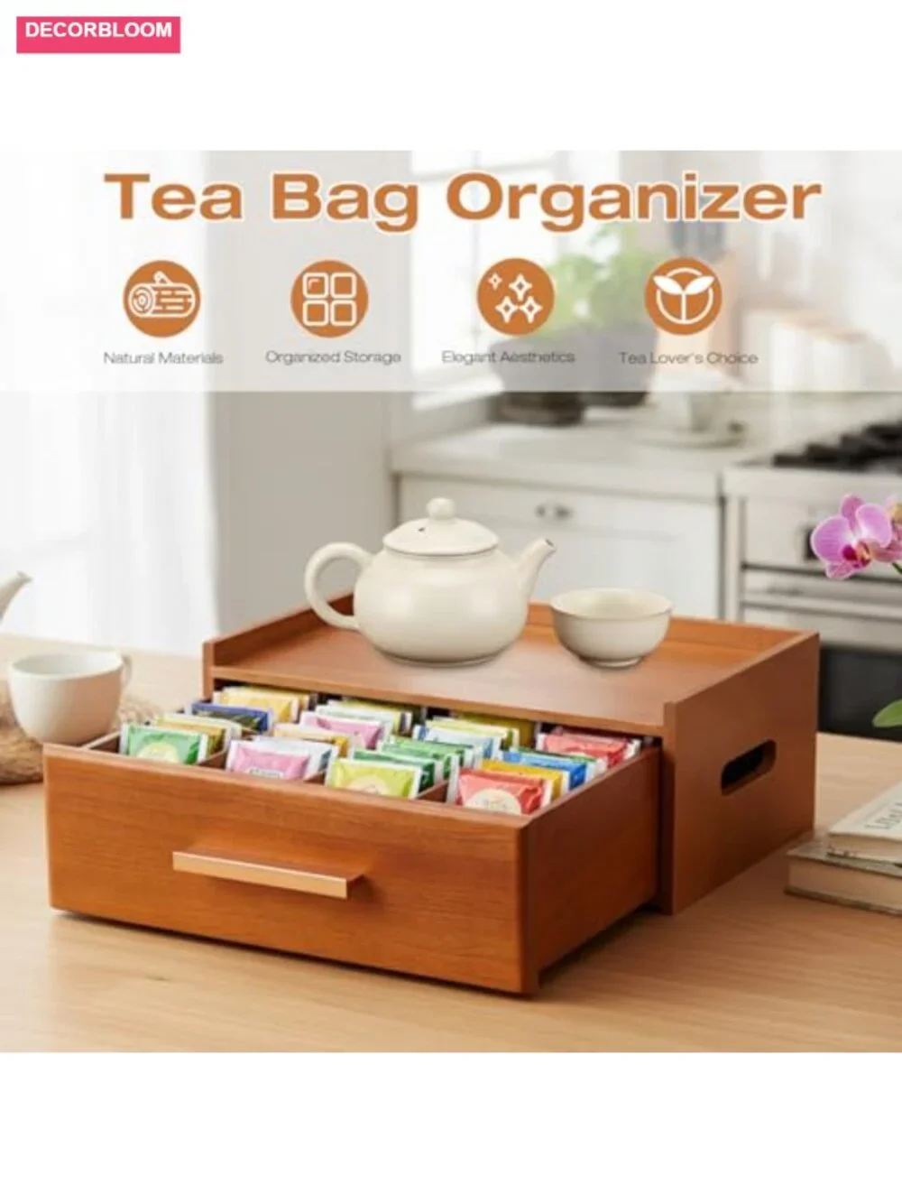 Acacia Wooden Tea Bag Organizer Storage Box with Drawers